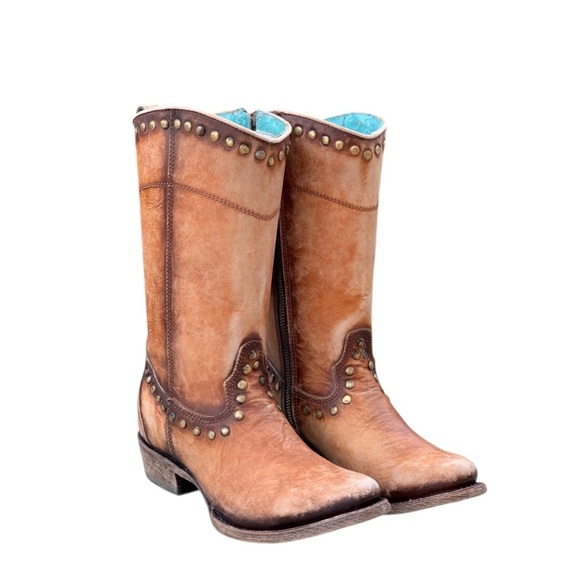 Corral Distressed Honey Leather Stud Zipper Western Boots 8.5 C3674 - Picture 2 of 6